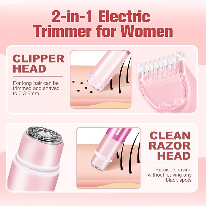 Bikini Trimmer for Women, 2 in 1 Electric Razor with LED Light, Body Facial Hair Remover, Type-C Charging, Wet/Dry Use for Smooth Skin