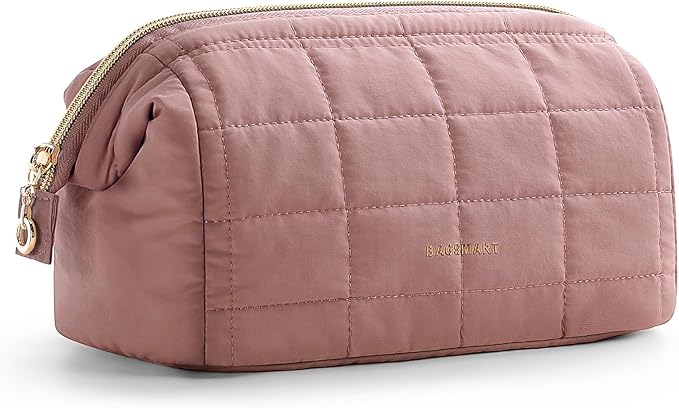 BAGSMART Makeup Bag Travel Toiletry Bag, Puffy Padded Make Up Bags for Women Makeup Organizer Case, Wide-open Pouch Purse Travel Essentials Toiletries Accessories Brushes, Dark Pink