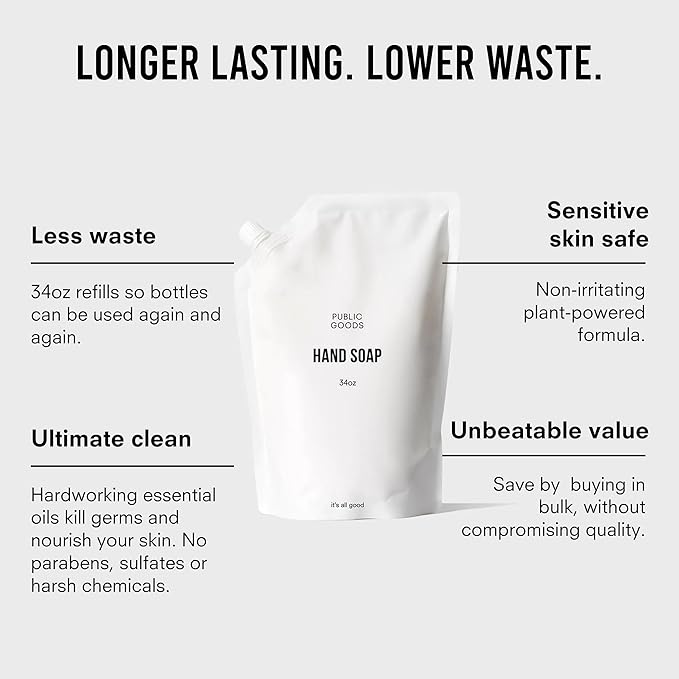 Public Goods Hand Soap | Cleansing Soap for Kitchen & Bathroom | Made with Natural Essential Oils | Paraben & Sulfate Free | Vegan Friendly | 34 Fl Oz Refill