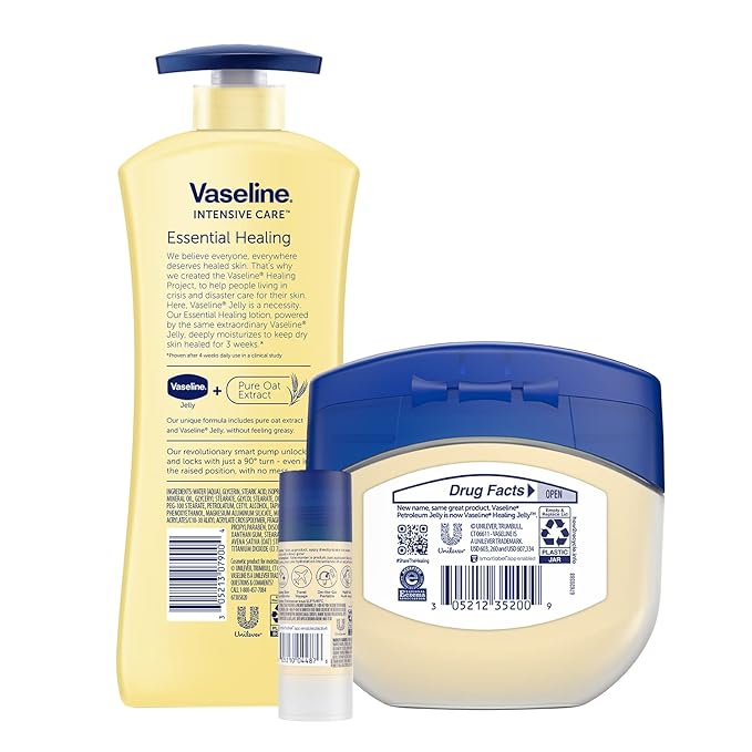 Vaseline Intensive Care Essential Healing Body Lotion, 20.3 oz, Bundled with Petroleum Jelly Original, 7.5oz, and All-Over Body Balm Stick, 1.4 oz - Pack of 3, Moisturizing Skin Care