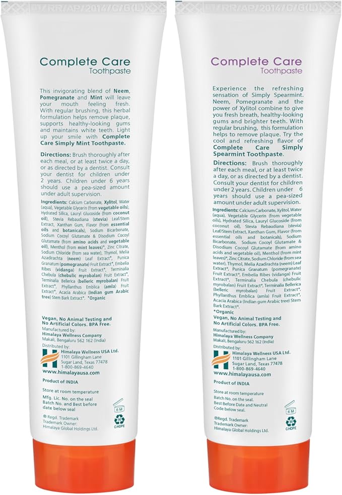 Himalaya Botanique Complete Care Toothpaste, Mint and Spearmint - Fluoride Free Toothpaste for Clean Teeth & Fresh Breath - Vegan, Gluten Free, No Artificial Flavors, 5.29 oz (Pack of 2)