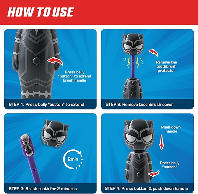 Brush Buddies Marvel Black Panther Kids Toothbrush, Soft & Rounded Bristles, Poppin' Fun Superhero Toothbrush