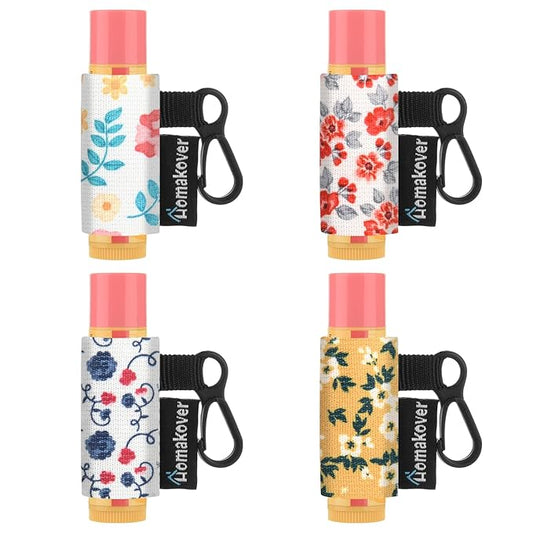 4 Pack Compact Clip-On Chapstick Holder Lip Balm Holder Keychain, Premium Release Clip Elastic Sleeves Lip Gross Holder Keychain Clip On Lipstick Sleeve, Fits Most Standard Lip Balm