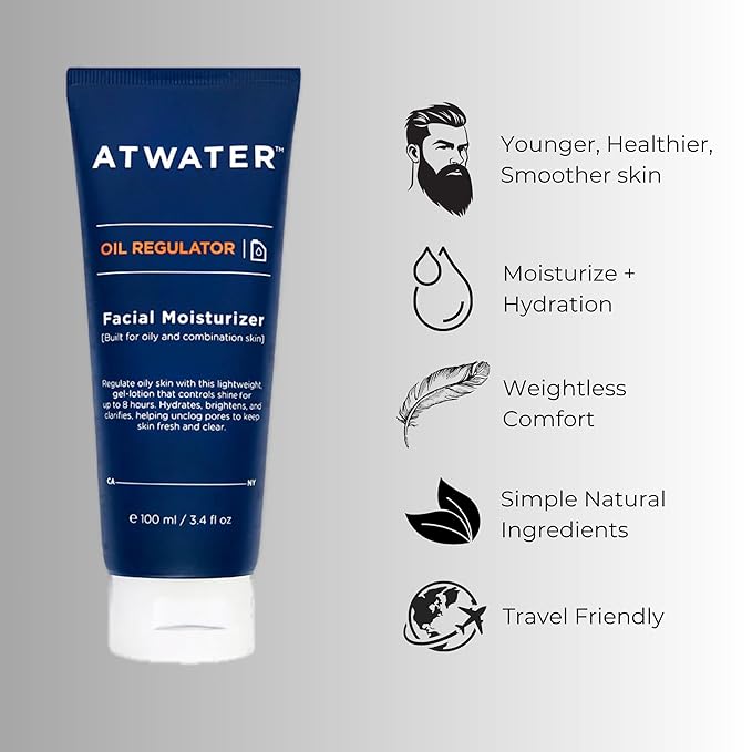 ATWATER Mens Face Moisturizer with Oil Control Complex, Unscented Lightweight Formula - Mens Face Lotion for Oily Skin that Hydrates and Controls Shine - 3.4 oz