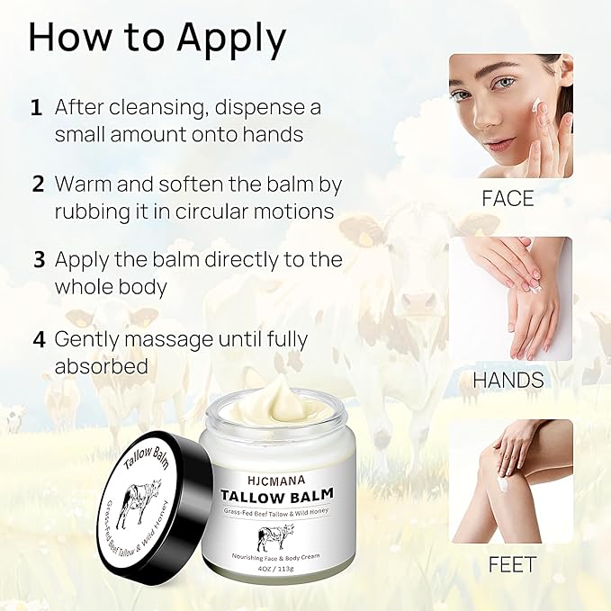 Beef Tallow for Skin 4 OZ, Natural Unscented Tallow and Honey Balm, Grass Fed Beef Tallow for Face and All Skin Types