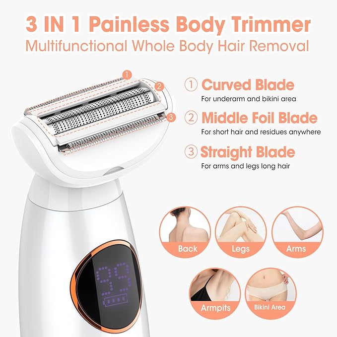 5 in 1 Bikini Trimmer for Women,IPX7 Waterproof Cordless Replaceable Pubic,Eyebrow,Facial Electric Razors&Nose Hair Trimmer&Painless Body Shaver for Arms Legs Underarms,USB Charge,LED Display,Wet&Dry
