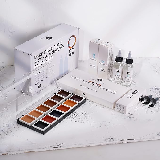 12 Color Dark Flesh Tone Alcohol Activated Makeup Palette Kit - Includes Alcohol Activator and Moisturizing Remover - Waterproof Makeup for Professional Makeup Artists