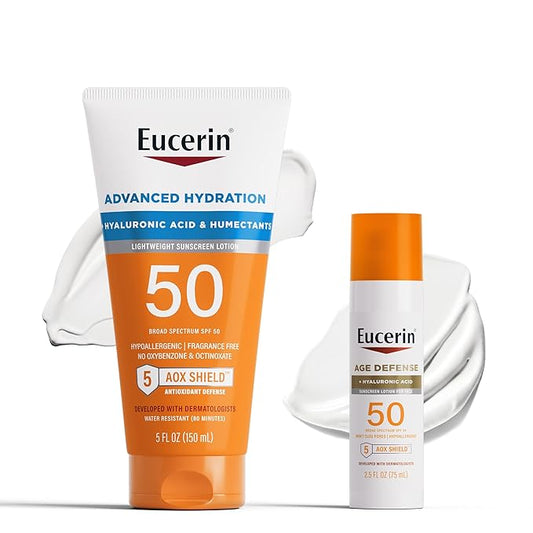 Eucerin Sun Sunscreen Pack with Hyaluronic Acid, Advanced Hydration SPF 50 Sunscreen Lotion, 5 Fl Oz Tube + Age Defense Face Sunscreen Lotion SPF 50, Facial Sunscreen, 2.5 Fl Oz Bottle