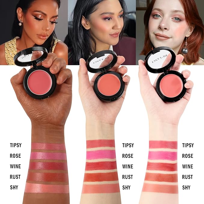 Multi-Purpose Cream Blush for Cheeks & Lip & Eyeshadow, Buildable Lightweight Peach Blush Balm, Ultra Hydrating Cruelty-Free Makeup Blush for Dry/Sensitive Skin, Waterproof Blush, Built-in Brush, Rose
