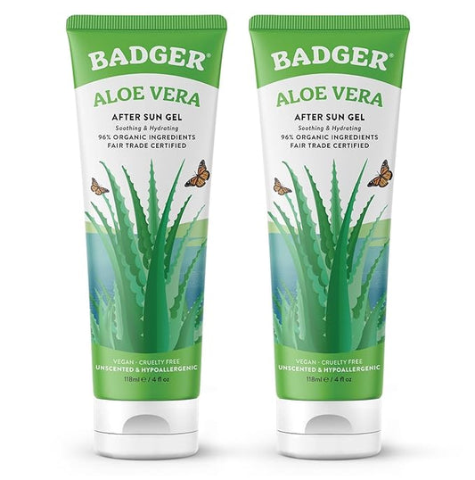 Badger Organic Aloe Vera Gel for Face & Body, 96% Pure Unscented Organic Aloe Gel for Cooling, Soothing, Non-Sticky Sunburn Relief, Vegan, Fair Trade & Hypoallergenic, 4 fl oz, 2-Pack