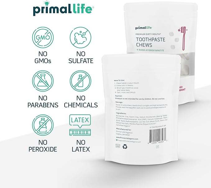 Primal Life Organics Premium Dirty Mouth Toothpaste Chews – Nano-Hydroxyapatite Whitening Toothpaste Tablets for Adults - Gluten Free, Vegan, Paleo - 60 Tablets in Bag - Polished Peppermint