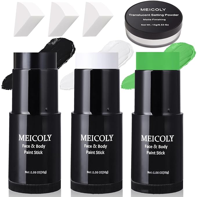 MEICOLY 7Pcs Black White Green Face Body Paint Stick Set with Setting Powder and Sponges,Clown Black White Face Paint,Green Body Paint for Halloween SFX Cosplay Makeup,Waterproof