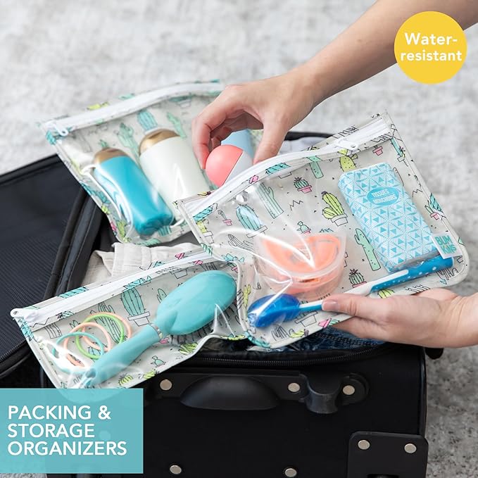 Bumkins Travel Bag, Toiletry, TSA Approved Pouch, Zip Bag, Quart Size Airline Compliant, Clear-Sided, Baby, Diaper Bag Organization, Makeup, Accessories, Packing, Set of 3 Sizes, Cactus Green