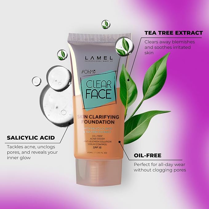 Lamel- Oh my Clear Face Foundation- SPF15-408 Golden | Contains tea tree extract and salicylic acid |Controls sebum production |Anti-blemish formula |SPF 15 |Oil free foundation | 40ml