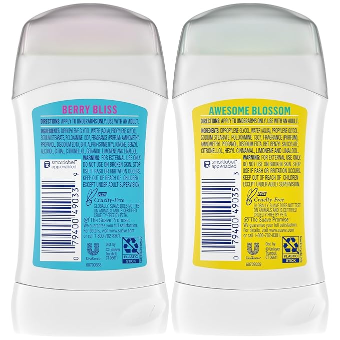 Suave Aluminum-Free Deodorant, Kids & Teen Girls – Fresh Vibes Berry Bliss & Awesome Blossom, 48H Protection, 1.2 Oz Ea