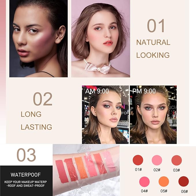 Liquid Blush Make up,Cream Blush for Cheeks,Natural Looking,Lightweight,Breathable Oz (01#02#06#)