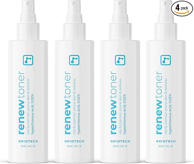 BRIOTECH Skin Renew Toner, Hypochlorous Acid Spray Topical Skin Spray for Face and Skin, Minimize Appearance of Blemishes, Soothing Mist for Redness & Bumps, 4 fl oz ea, 4 ct