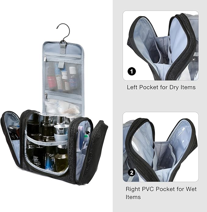 BAGSMART Toiletry Bag for Men, Travel Toiletry Organizer with hanging hook, Water-resistant Cosmetic Makeup Bag Travel Organizer for Shampoo, Full-size Container, Toiletries, Black-Medium