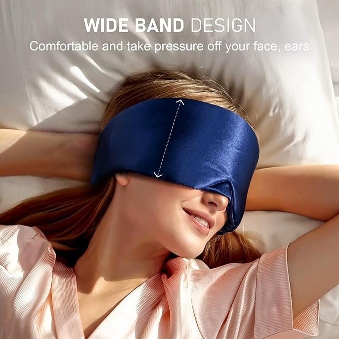 LitBear Silk Sleep Mask for Side Sleepers, 100% 22 Momme Pure Mulberry Silk, Face-Hugging Padded Eye Cover with Adjustable Band (Midnight Blue)
