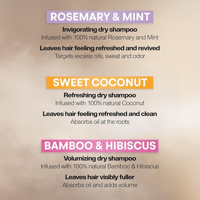 Suave+ Dry Shampoo Spray Variety 3-Pack – Invigorating Rosemary & Mint, Volumizing Bamboo & Hibiscus + Refreshing Sweet Coconut, 4.3 Oz Ea