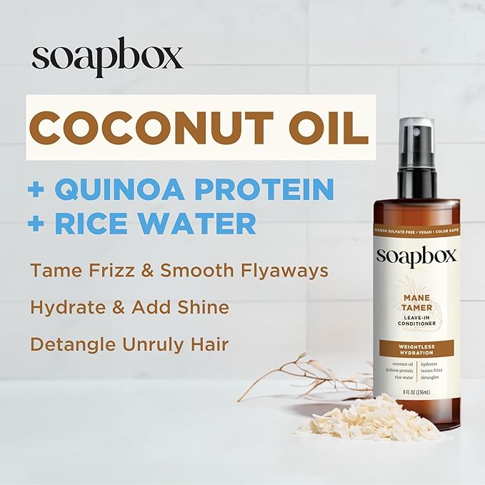 Soapbox Mane Tamer, Leave-In Conditioner Spray to Tame Frizz, Smooth Fly Aways, Hydrate, Add Shine & Detangle Dry, Damaged Hair, Paraben Free, Vegan (8oz)