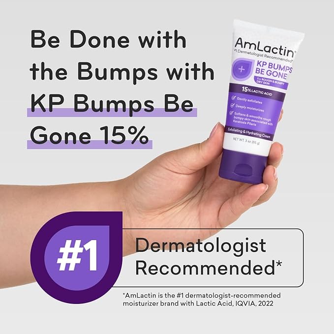 AmLactin KP Bumps Be Gone - 3 oz Keratosis Pilaris Moisturizing Cream with 15% Lactic Acid - Exfoliator and Moisturizer for Dry, Rough and Bumpy Skin, Pack of 2 (Packaging May Vary)