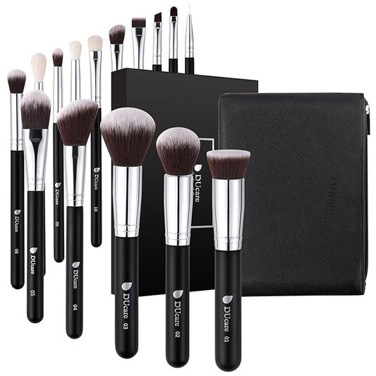 DUcare 15pcs Classic Black Makeup Brush Set with Bag Professional Soft Synthetic Foundation, Blending, Eyeshadow, Powder, Concealer Brushes for Flawless Makeup Application