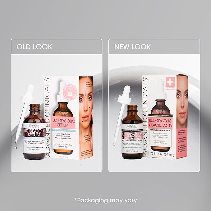 Advanced Clinicals Exfoliating 10% Glycolic Acid Serum For Face + Lactic Acid | Facial Exfoliant AHA + Salicylic Acid Serum To Improve Look Of Large Pores, Uneven Skin Tone, & Dark Spots, 1.75 FL Oz