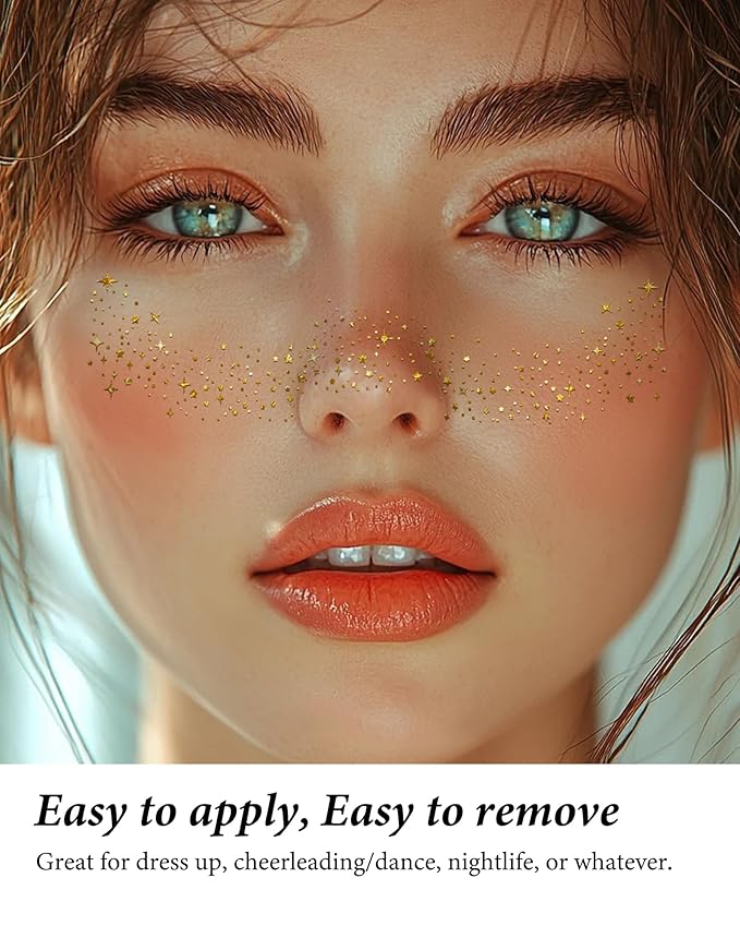 Glitter Freckles, Gold Freckles Temporary Face Tattoos, Body Face Glitter for Women Girls, Country Concerts Singer Festival Rave Accessories (Gold - 10 pcs)