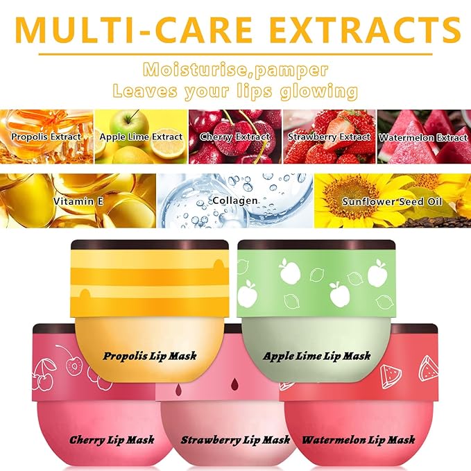 5 PCS Bee Balm Lip Balm Lip Mask Honey Pot, Lip Mask Propolis Moisturizing Lip Balm, Hydrating Prevention Dry and Cracked Lip Scrubs Exfoliator Lip Care (Strawberry&Watermelon&Honey&Apple Lime&Cherry)