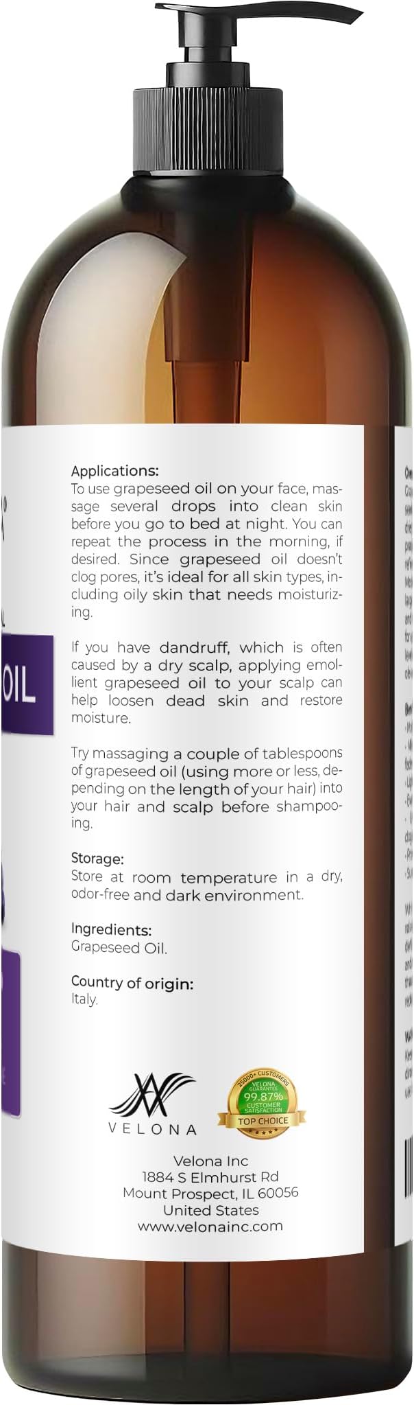 Grapeseed Oil by Velona - 32 fl oz | 100% Pure and Natural Carrier Oil | Refined, Cold Pressed | Cooking, Skin, Face, Body, Hair Care | Use Today - Enjoy Results