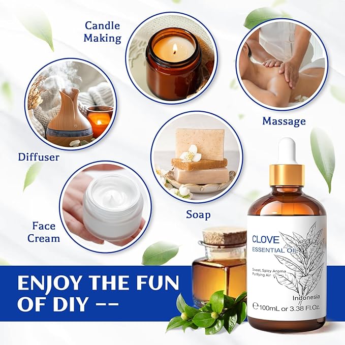 HIQILI 100ML Clove Oil for Teeth and Gums, Tooth Aches, Spray, Aromatherapy, 100% Pure Natural - 3.38 Fl Oz