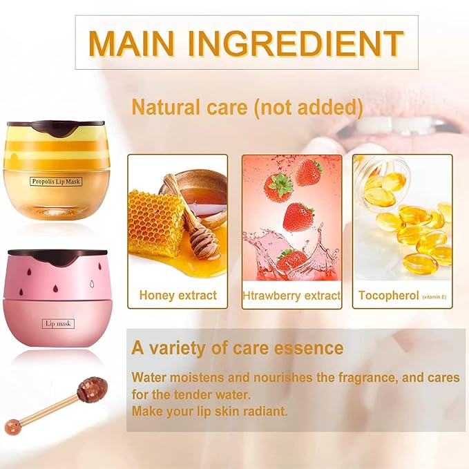 Bee Lip Balm Honey Pot, 2 PCS Strawberry & Honey Lip Masks Hydrating Prevention Dry and Cracked Lip Scrubs Exfoliator,Lip Sleep Mask Reduces Lip Lines,Lip Exfoliating BeeLip Balm Sleeping Lip Mask