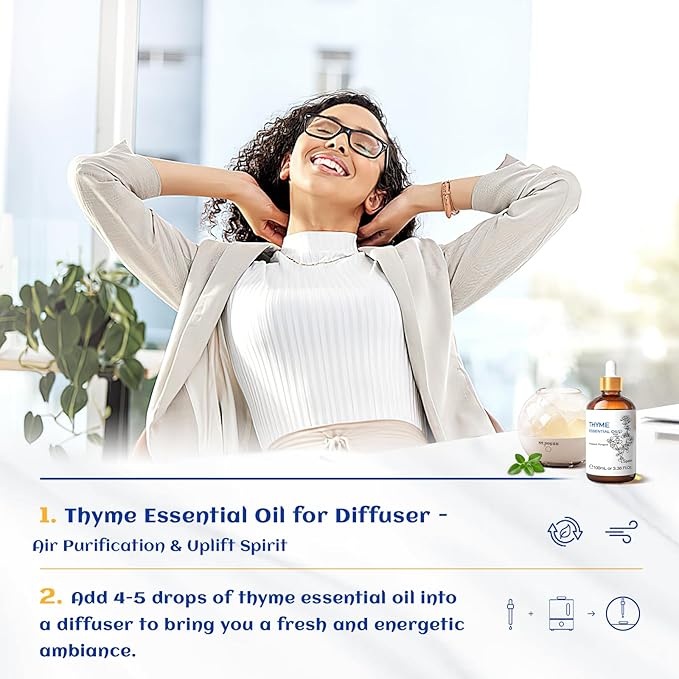 HIQILI 3.38 Fl Oz Thyme Essential Oil, 100% Pure Undiluted for Hair, Skin, Diffuser, Aromatherapy, Includes 10ML Travel Bottle - 100ML