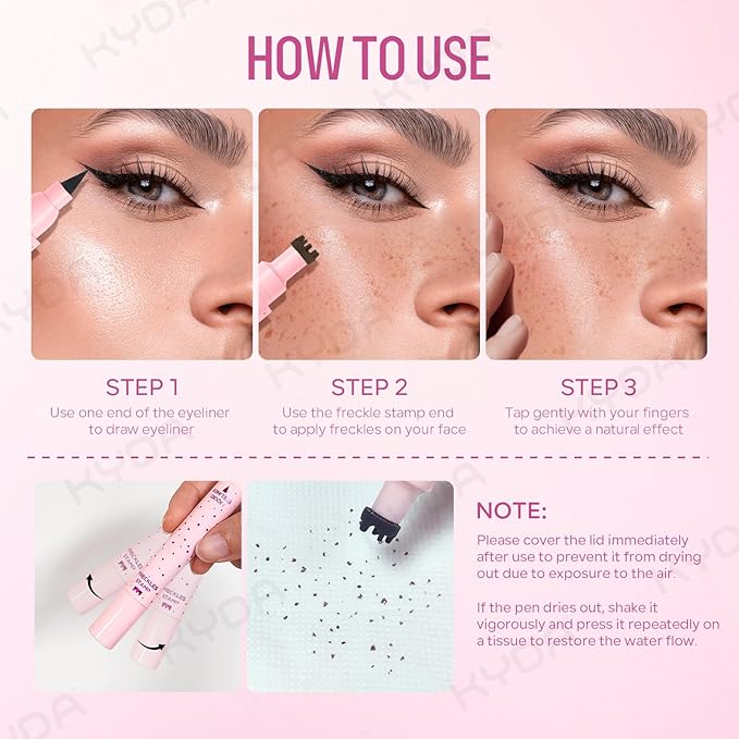 KYDA Freckle Liquid Eyeliner Pen, 2 in 1 Freckles Stamp and Black Liquid Eyeliner, Waterproof and Long lasting Soft Dot Spot Pen Realistic Fake Freckles for Natural Lifelike Sun-kissed Makeup-LIGHT