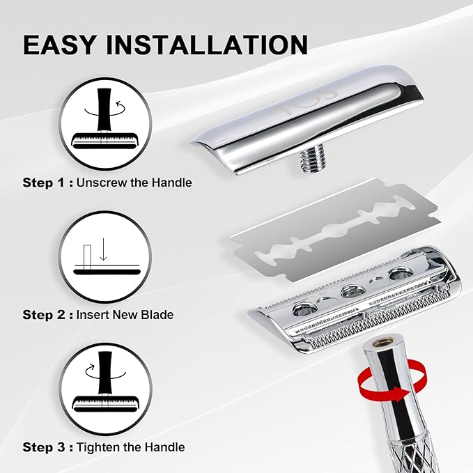 Double Edge Safety Razor for Men with Stand and Silicone Cover - Durable Metal Eco-Friendly Single Blade Safety Razor with 10 Blades- Closed Smooth Shave (Silver)