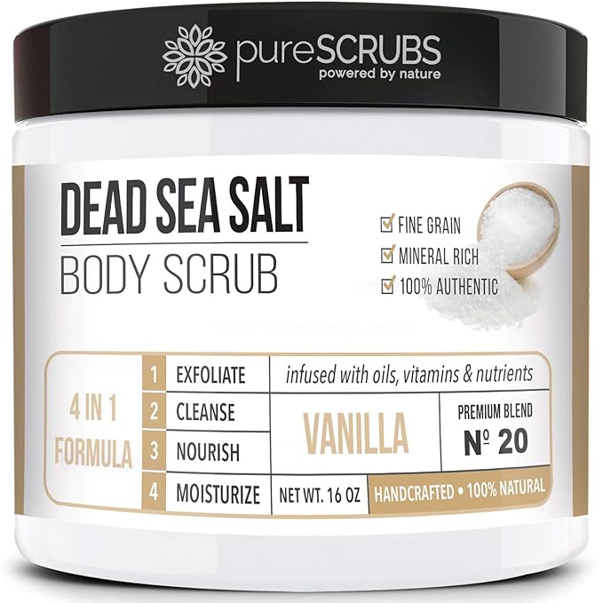 pureSCRUBS Premium Vanilla Body Scrub Set - Large 16oz Dead Sea Salt Body Scrub With Infused Essential Oils & Nutrients, Includes Wooden Spoon, Loofah & Oatmeal Exfoliating Bar Soap