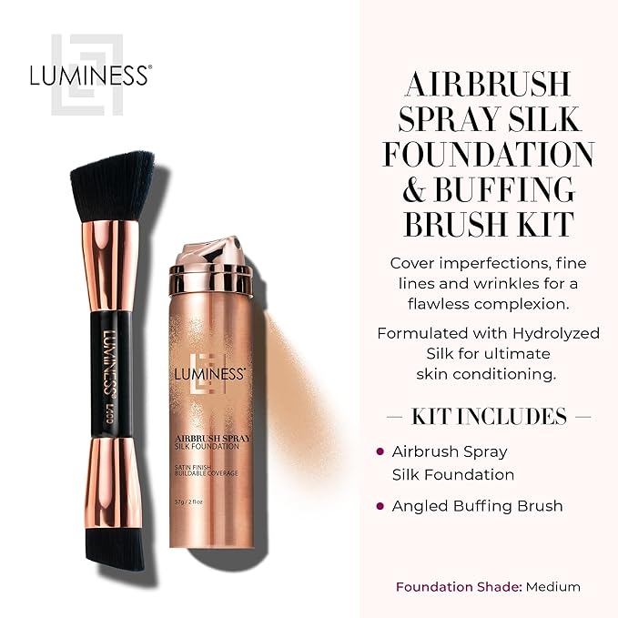 LUMINESS Silk Airbrush Spray Foundation & Buffing Brush Kit – Full Coverage Foundation & Dual-Sided Buffing Brush - Buildable Coverage, Anti-Aging Formula Hydrates & Moisturizes (Shade - Medium)
