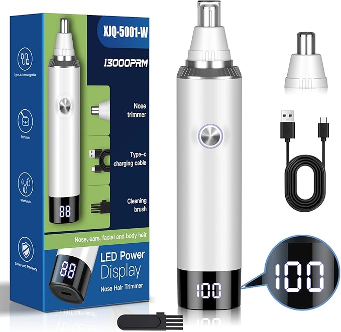 Ear & Nose Hair Trimmer with LED Display for Men Women,Painless USB Rechargeable Eyebrow & Facial & Nose Hair Trimmer Clipper,Professional IPX7 Waterproof Dual Edge Blades 12,000 RPM (White)