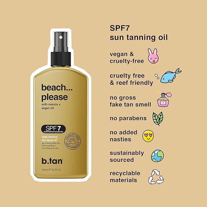 b.tan SPF 7 Deep Tanning Dry Spray | Beach... Please Tanning Oil - Get a Deep Bronze & Golden Tan, Deeply Nourishes Skin from Marula & Argan Oil, Hint of Self Tan, Vegan, Cruelty Free, 236ml