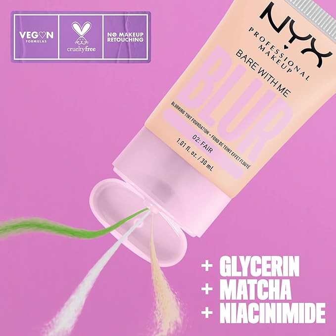 NYX PROFESSIONAL MAKEUP Bare With Me Blur Skin Tint Foundation Make Up with Matcha, Glycerin & Niacinamide - Fair