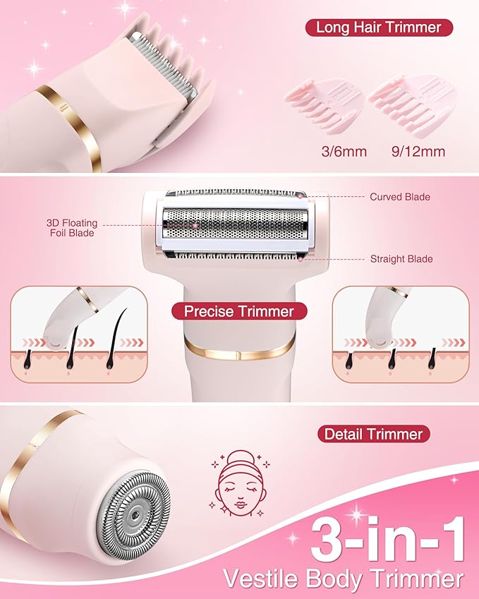 Bikini Trimmer for Women - 3-in-1 Painless Electric Razor Shaver,IPX7 Waterproof&Easy Cleaning for Pubic Hair,Face,Body with Ceramic Blades,USB Rechargeable,Wet&Dry Use(Peach)
