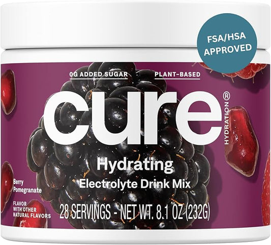 Cure Hydration | Plant-Based Electrolyte Drink Mix | No Added Sugar | Dehydration Relief Powder Made with Coconut Water | Non-GMO | Vegan | 28 Servings Jar - Berry Pomegranate