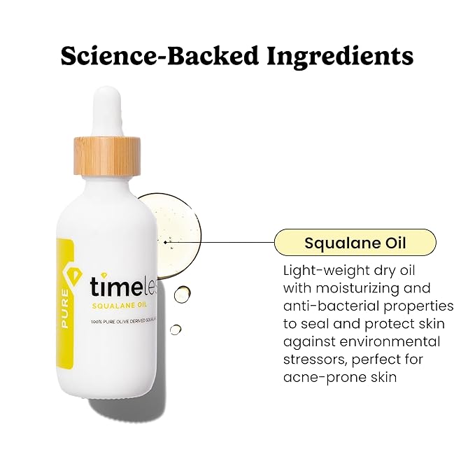 Timeless Skin Care Squalane Oil 100% Pure - Plant-Based Face Oil - Fragrance-Free - For Dry Skin - Moisturizing - 2 oz