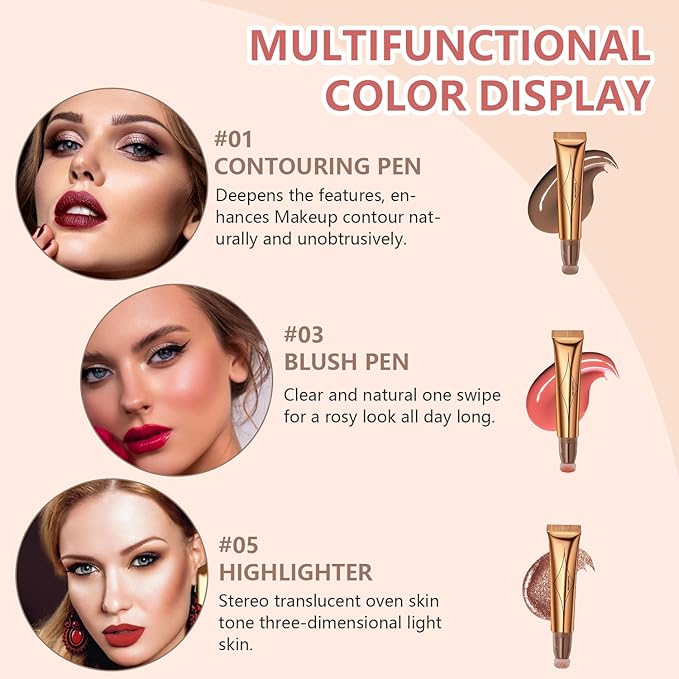 Liquid Contour Beauty Wand Set,Blush Liquid Contour Stick Highlighter Makeup With Cushion Applicator,Long Lasting Smooth Natural Matte Finish,Lightweight Blendable Super Silky Cream Sticks (01#03#05)
