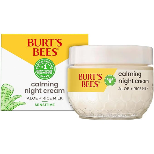 Burt's Bees Calming Night Cream, With Aloe and Rice Milk, Face Moisturizer For Sensitive Skin Infuses Skin With Moisture While You Sleep, 98.8 Percent Natural Origin, 1.8 oz. Tub