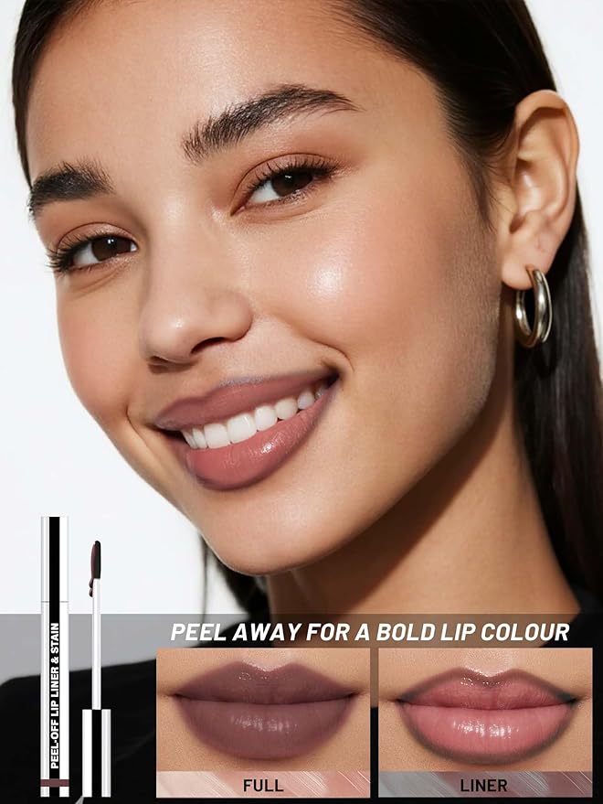 Lip Stain Peel Off Lip Liner Stain with Tweezer, Long Lasting Matte Lip Tint Tattoo, Highly Pigmented Color Lip Makeup, Waterproof Lipstick, Transfer-proof Lipstain for Women, Brown