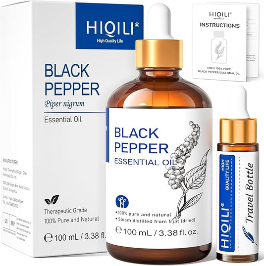 HIQILI Black Pepper Essential Oil for Aromatherapy & Diffuser - Natural Spicy & Warming Scent - Therapeutic Grade - 3.38 Fl Oz