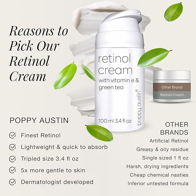 poppy austin Retinol Cream for Face 3.4OZ, High-Strength Retinol Night Cream - Cruelty Free Wrinkle Cream - Anti Aging Eye Cream For Face & Body