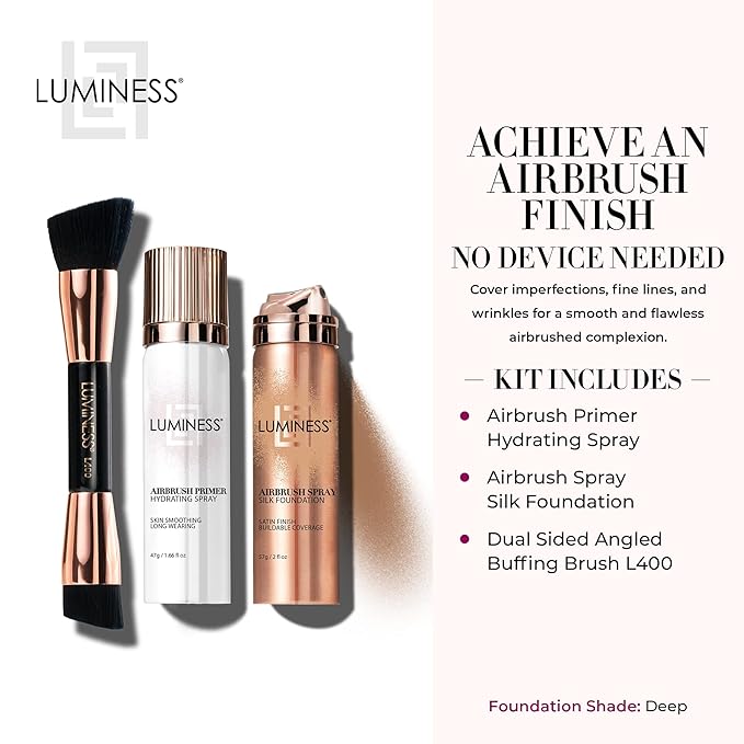 LUMINESS Airbrush Spray Silk Foundation Starter Kit - Deep - Foundation, Primer & Dual-Sided Angled Buffing Brush - Medium, Buildable Coverage, Anti-Aging Formula Hydrates & Moisturizes